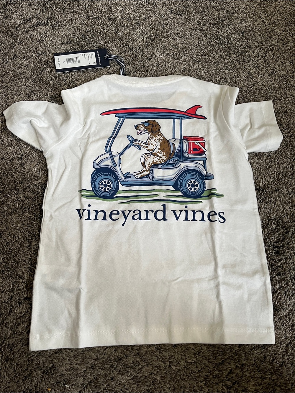 Vineyard Vines White Kids Tee with Red & Navy Golf Cart- pointer Dog! 🐕 new.